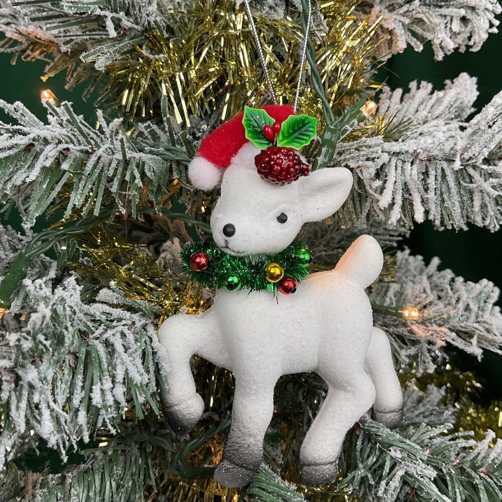 Sullivans Retro Flocked White Reindeer Christmas Ornament Santa Hat Tinsel